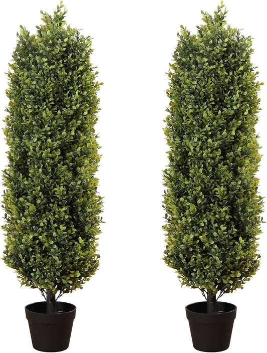 4ft Artificial Boxwood Topiary Trees (Set of 2) - UV Resistant Faux Plants for Outdoor/Indoor, Realistic 48in Fake Bushes and Shrubs for Front Porch, Planter, Patio - Low Maintenance & Evergreen
