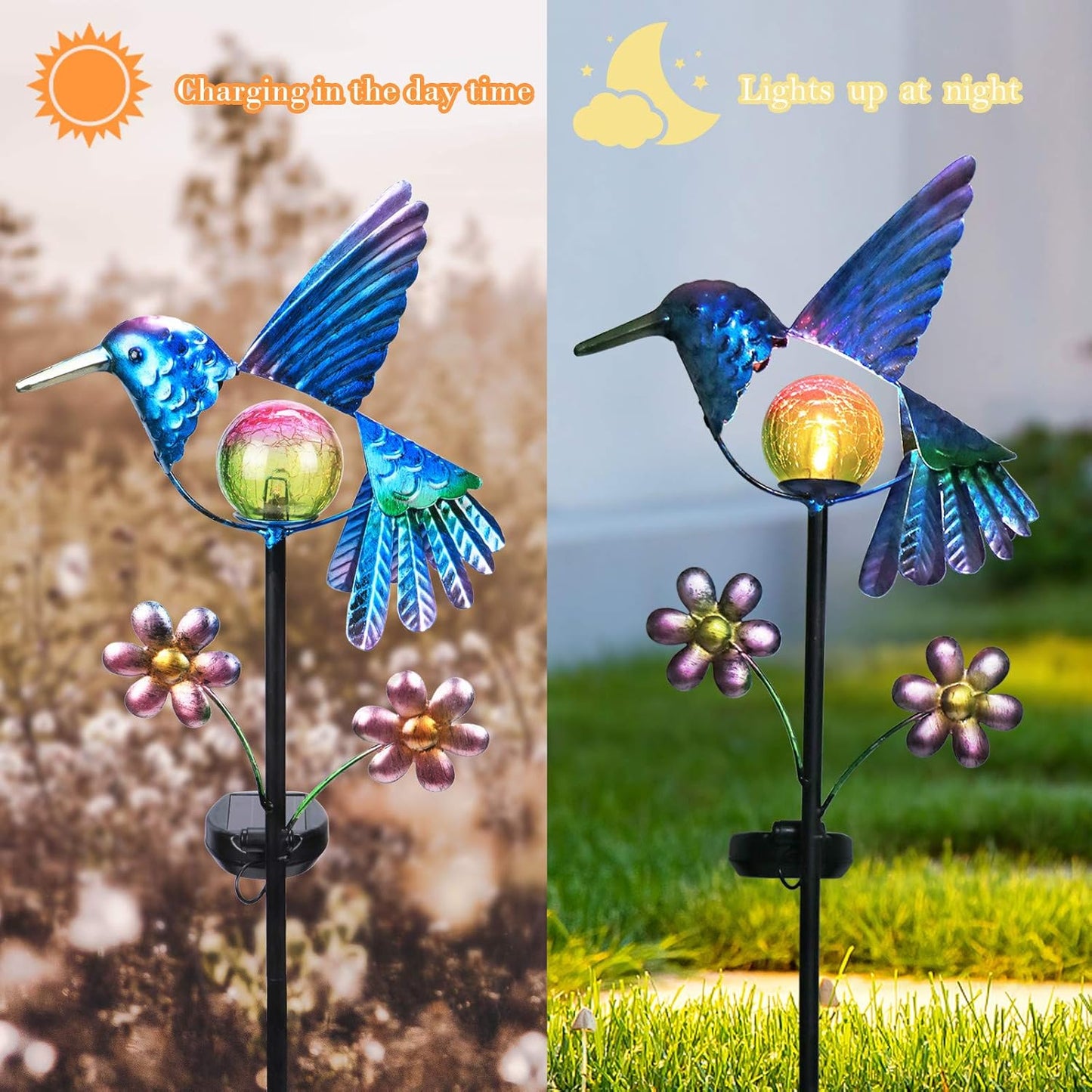 Afirst Solar Garden Stake Lights - Outdoor Waterproof Decorative Solar Hummingbird LED Warm Crackled Glass Globe Lights for Walkway, Pathway, Yard, Lawn
