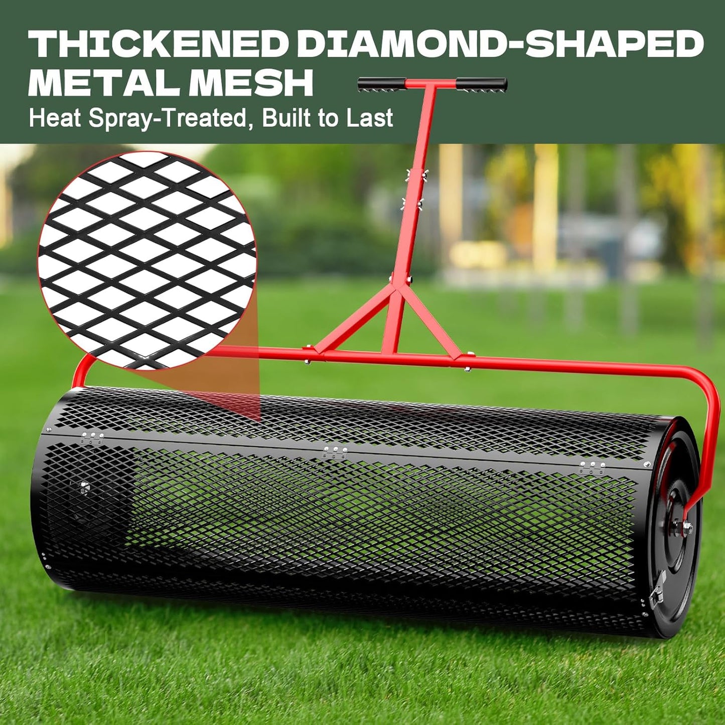 Compost Peat Moss Spreader for Lawn, 44 Inch Compost Roller Spreader with Adjustable T-Shaped Handle, Upgraded Side Clasps, Durable Lightweight Metal Roller, Lawn Garden Yard Care