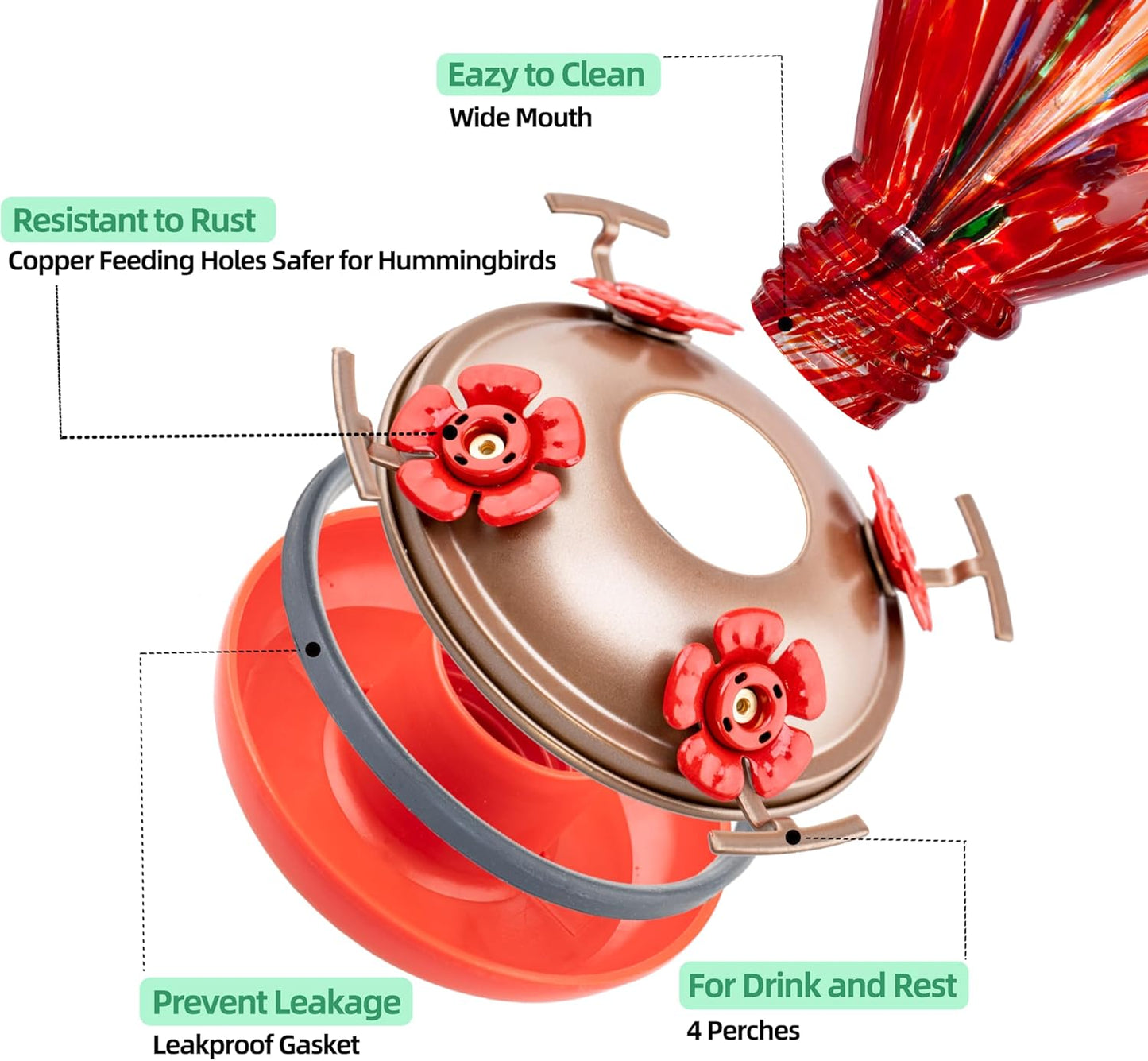 2 Packs Hummingbird Feeder for Outdoors Hanging, 34OZ & 32OZ Hand Blown Glass Hummingbird Feeders for Outside, Red & Teal
