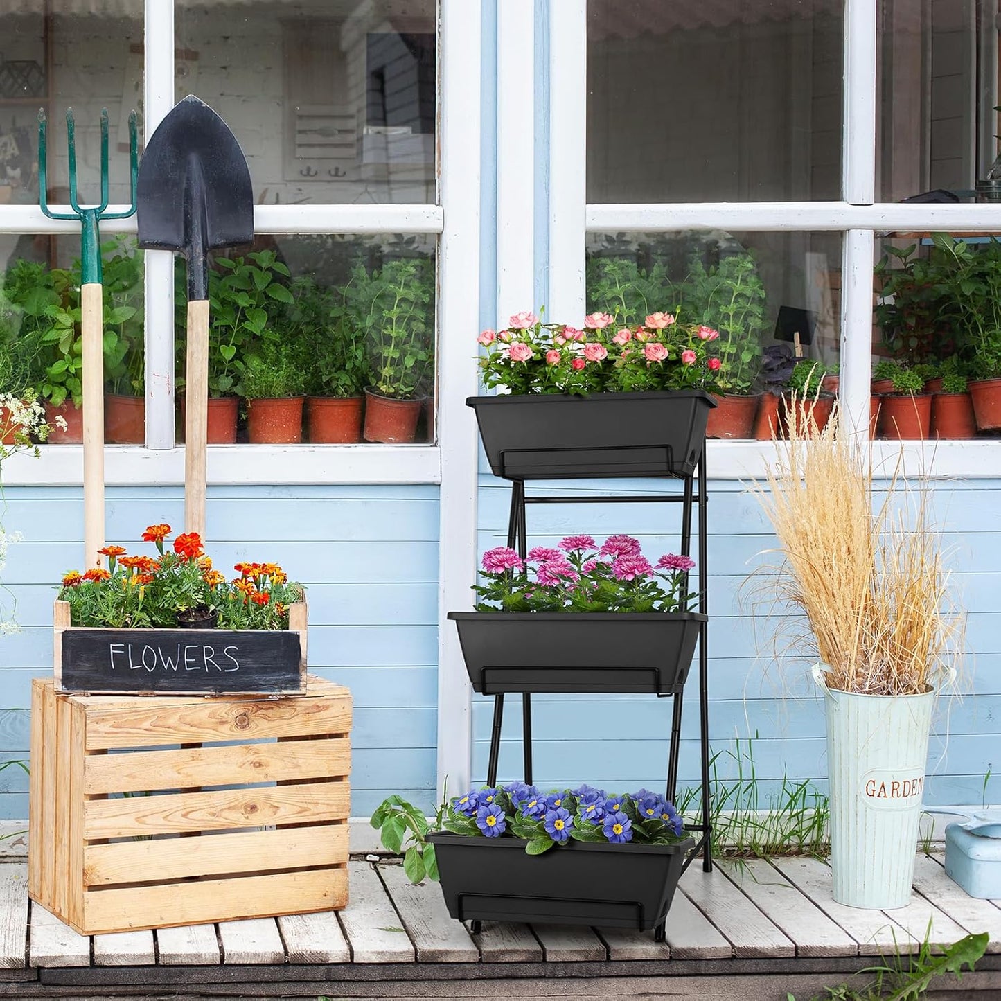 3 Tier Vertical Garden Planter Small Raised Garden Bed Freestanding Plastic Raised Planter Boxes Herb Planter Stand with Removable Tray for Indoor Outdoor Herbs Flowers Vegetables Plants Grey