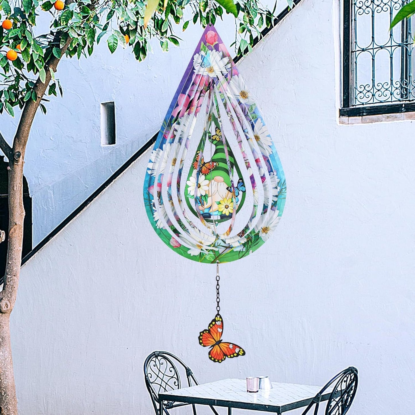 Gnomes and Butterfly Hanging Wind Spinners, Outdoor 3D Metal Sculptures for Garden and Yard Decoration Large Wind Spinner with a 360° Rotating Hook, Gifts for Women Mom Grandma Wife