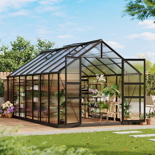 8x14 FT Polycarbonate Greenhouse,Large Walk-in SturdyOutdoor Aluminum Frame Greenhouse with Roof Vent, Lockable Push Door,for Garden, Backyard, Patio & Lawn(Black)