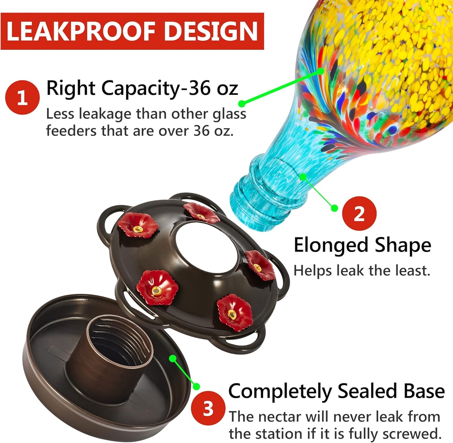 LUJII Hand Blown Glass Hummingbird Feeder for Outdoors with Ant Moat, Leak Proof & Rustproof,36 fl.oz, Metal Base Cover with 5 Feeding Ports & 5 Perches, Glass Art for Garden Decor (Blue Mixed Yellow)