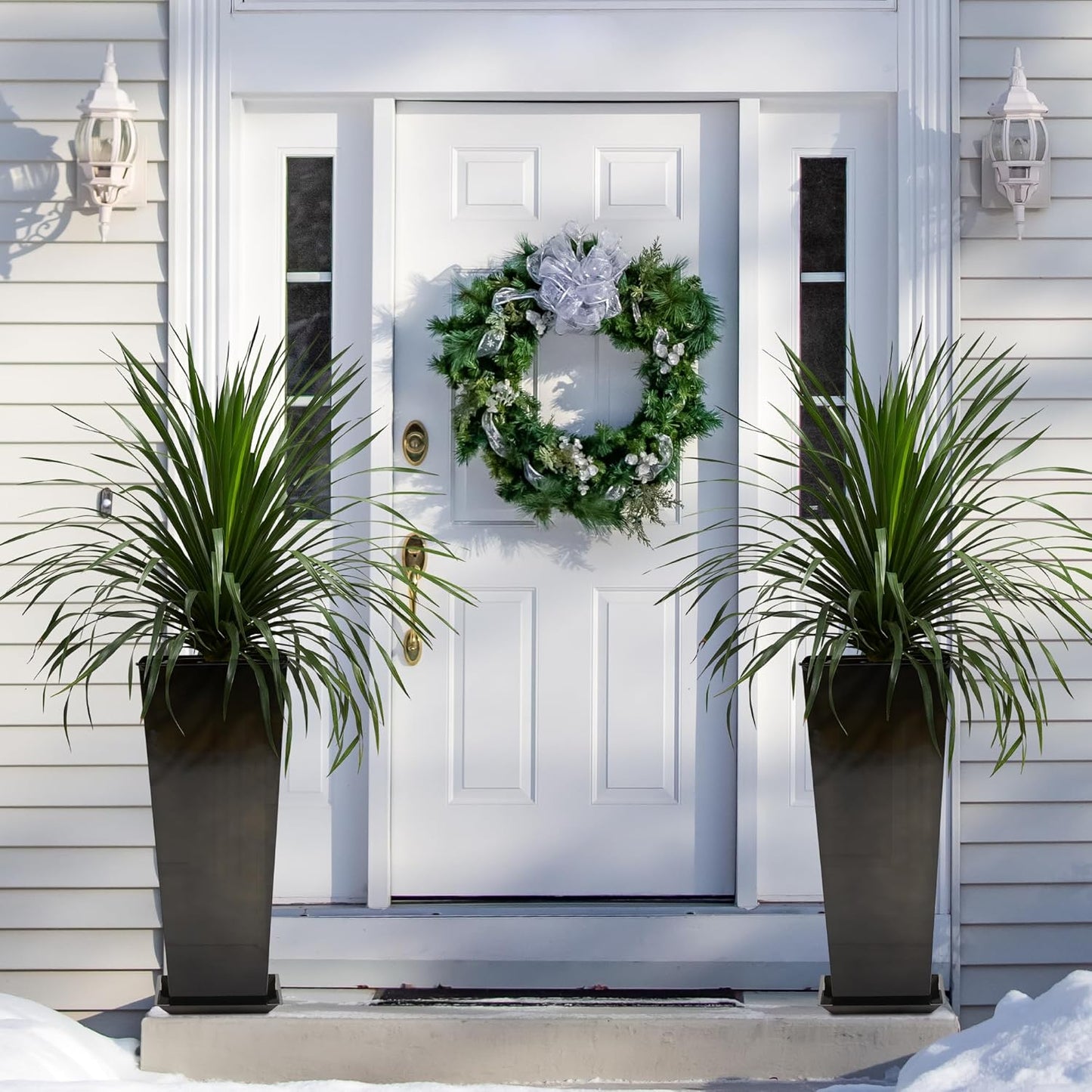 KOL 25'' & 28'' Tall Glazed Planter with Saucer, Set of 2, Galvanized Steel Planter Metal Pots for Indoor & Outdoor Use, Decorative Flower Plant Pots with Drainage Hole for Porch, Patio, Deck - Black