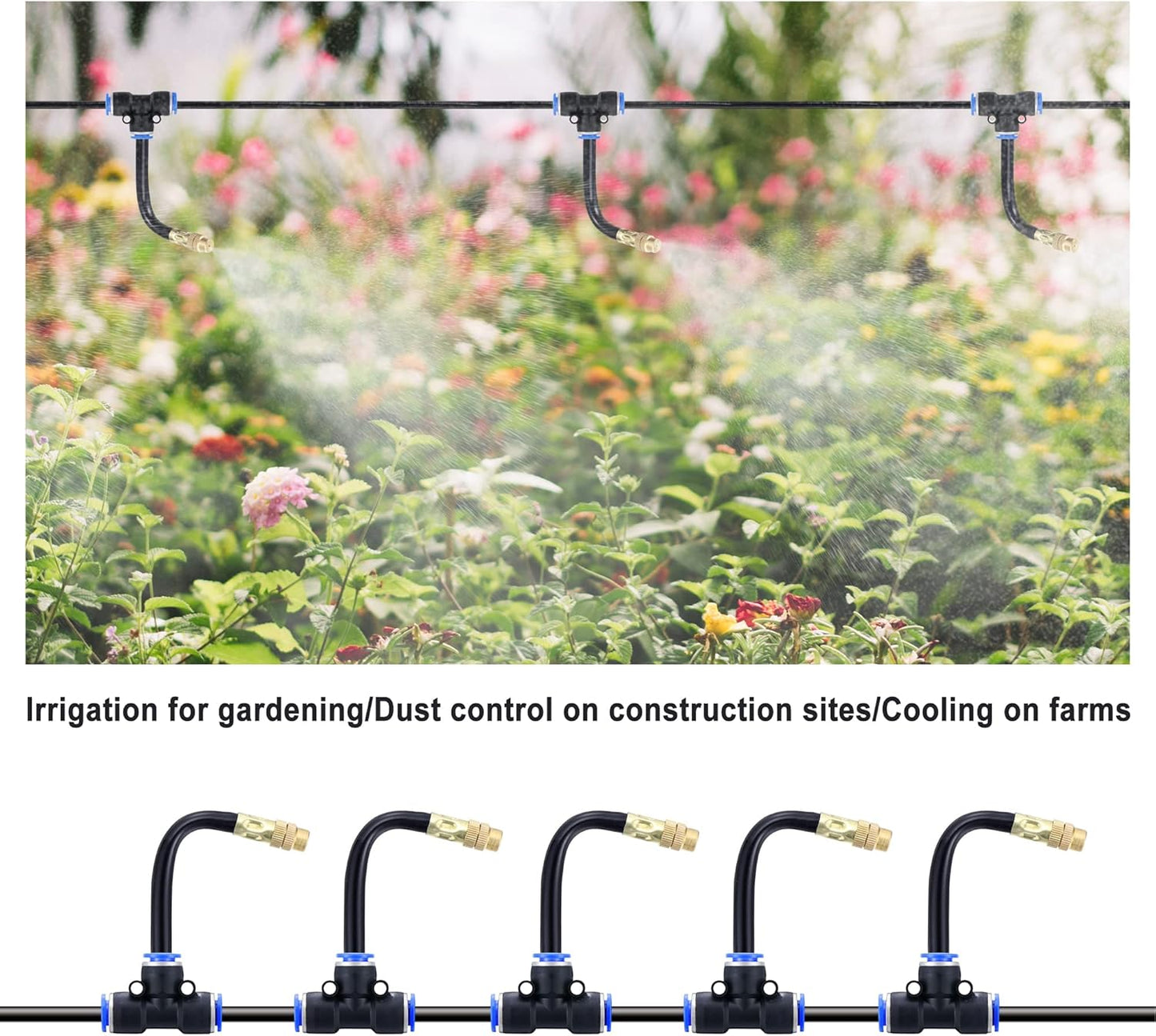 Mornajina 5Packs Brass Misting Nozzles Tee with 4inch Built in Hose for Outdoor Cooling System, Adjustable 360° Rotation, Water Mister Nozzles Thread Sprayer 0.043" (1.1 mm)