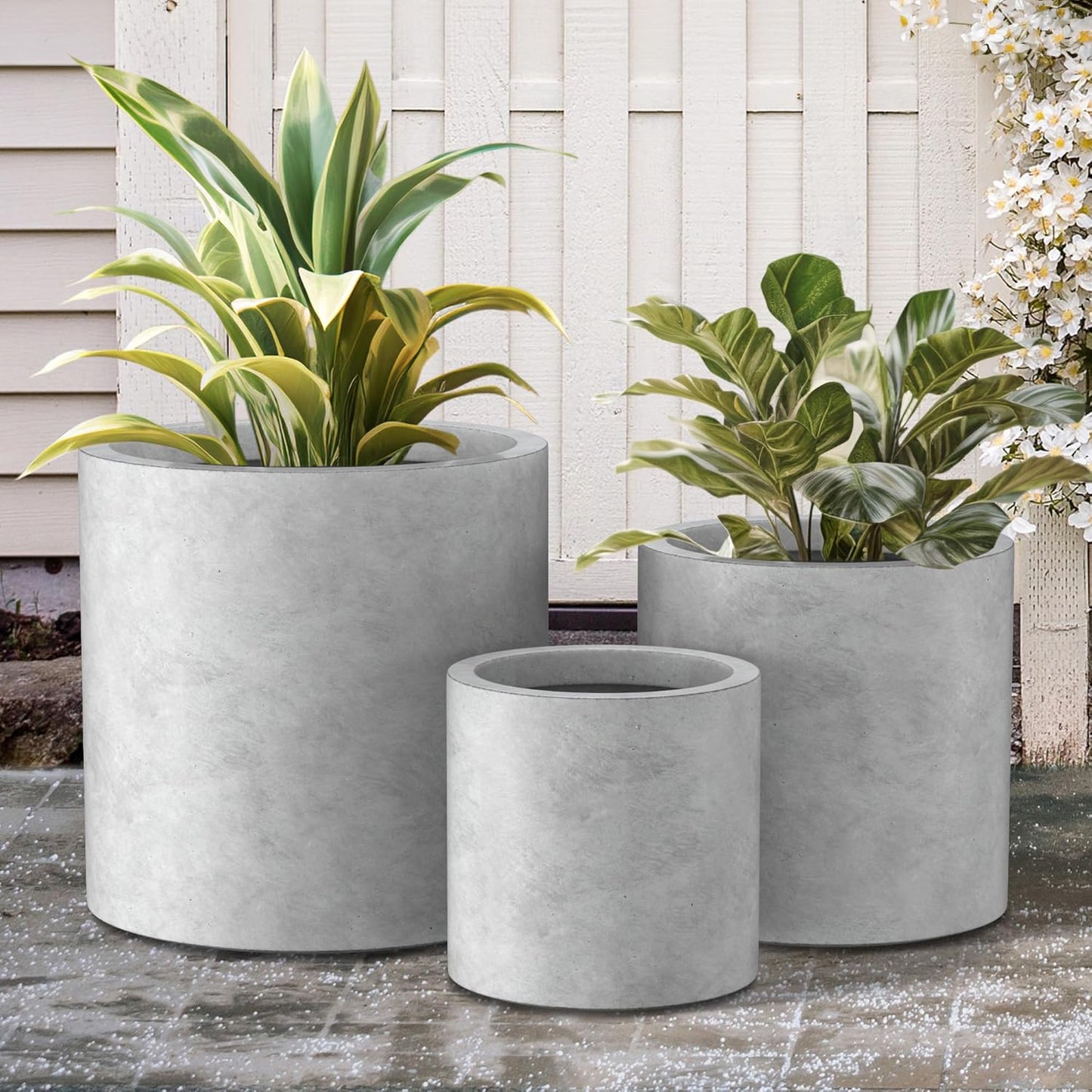 Kante 9.8",12.6",15.7" Dia Round Concrete Planter Set of 3, Modern Style Large Cylindrical Plant Pot with Drainage Hole and Rubber Plug for Indoor Outdoor Patio, Natural Concrete