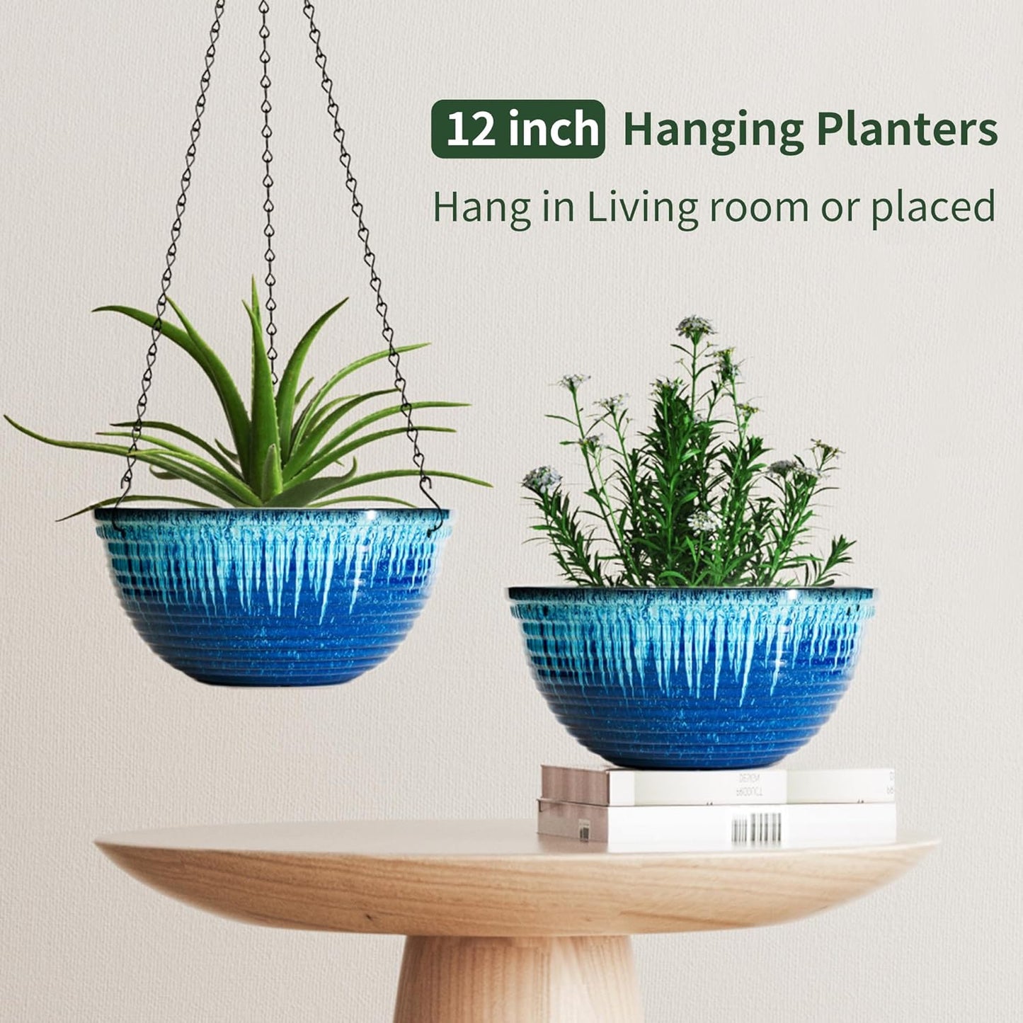 12 inch Large Hanging Planters for Indoor Outdoor Plants, Set of 2 Glazed Hanging Flower Pots with Drainage Hole, Hanging Baskets for Garden Home Porch Decor
