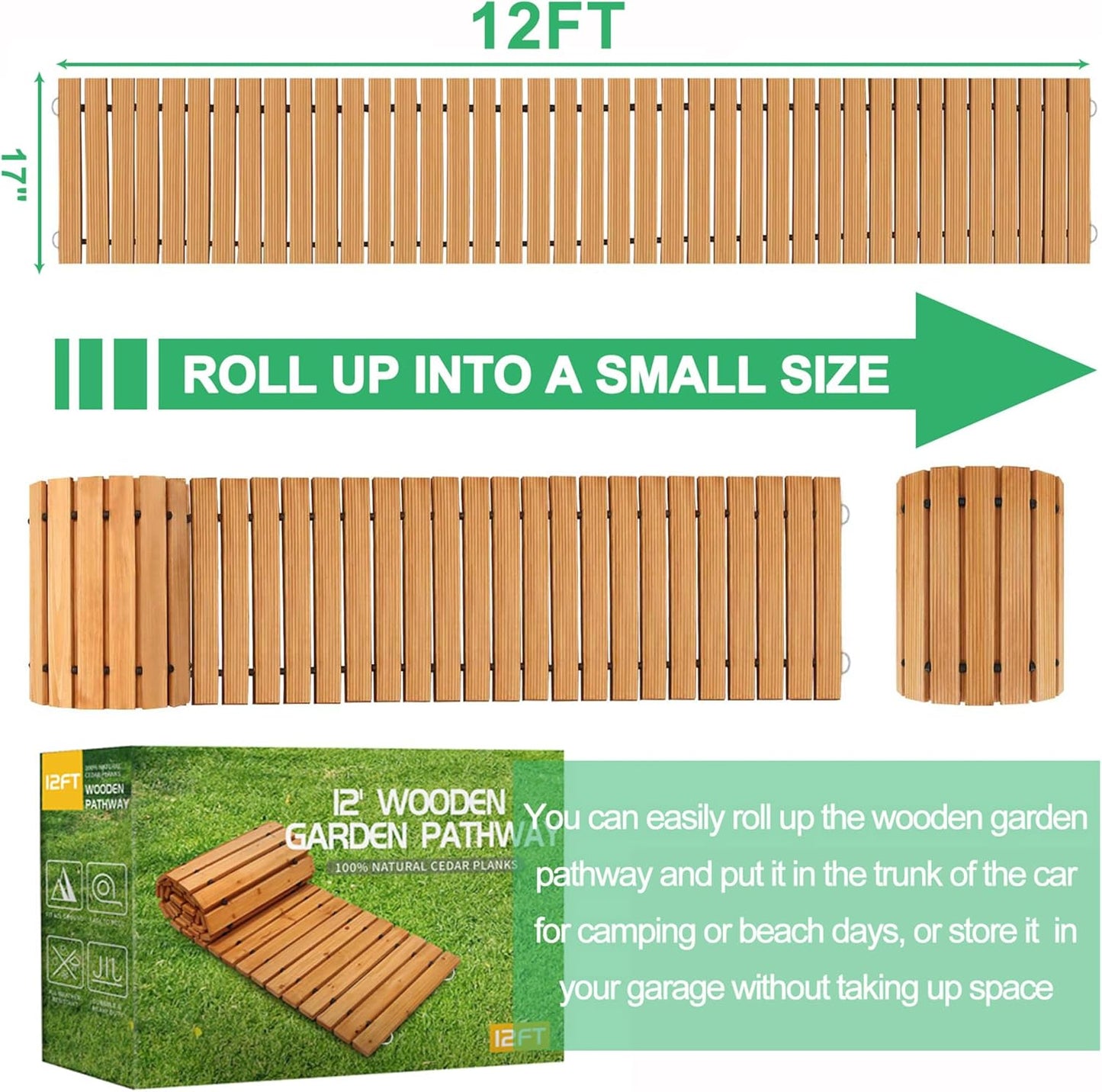 RELIANCER 12' Wooden Garden Pathway,Outdoor Roll Out Cedar Straight Walkway,Patio Path Decorative Garden Boardwalk Walkways,Weather-Resistant Roll Up Beach Wood Road Floor,Wedding Party Pathways