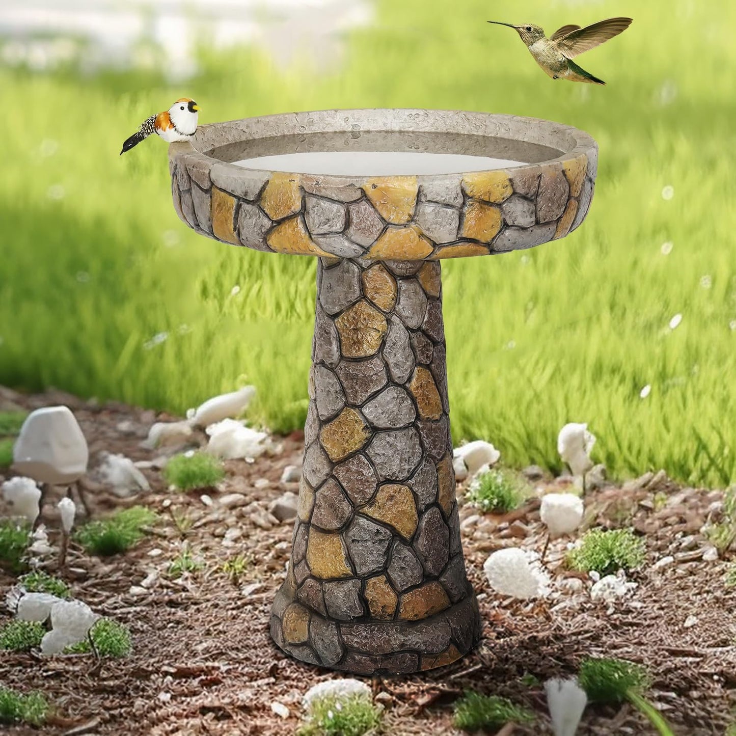 24" H Outdoor Concrete Bird Bath - 24" H * 18.8" Φ Mosaic Stone Design BirdBath Perfect for Adding Interest to Garden, Patio, Backyard, Porch and Deck