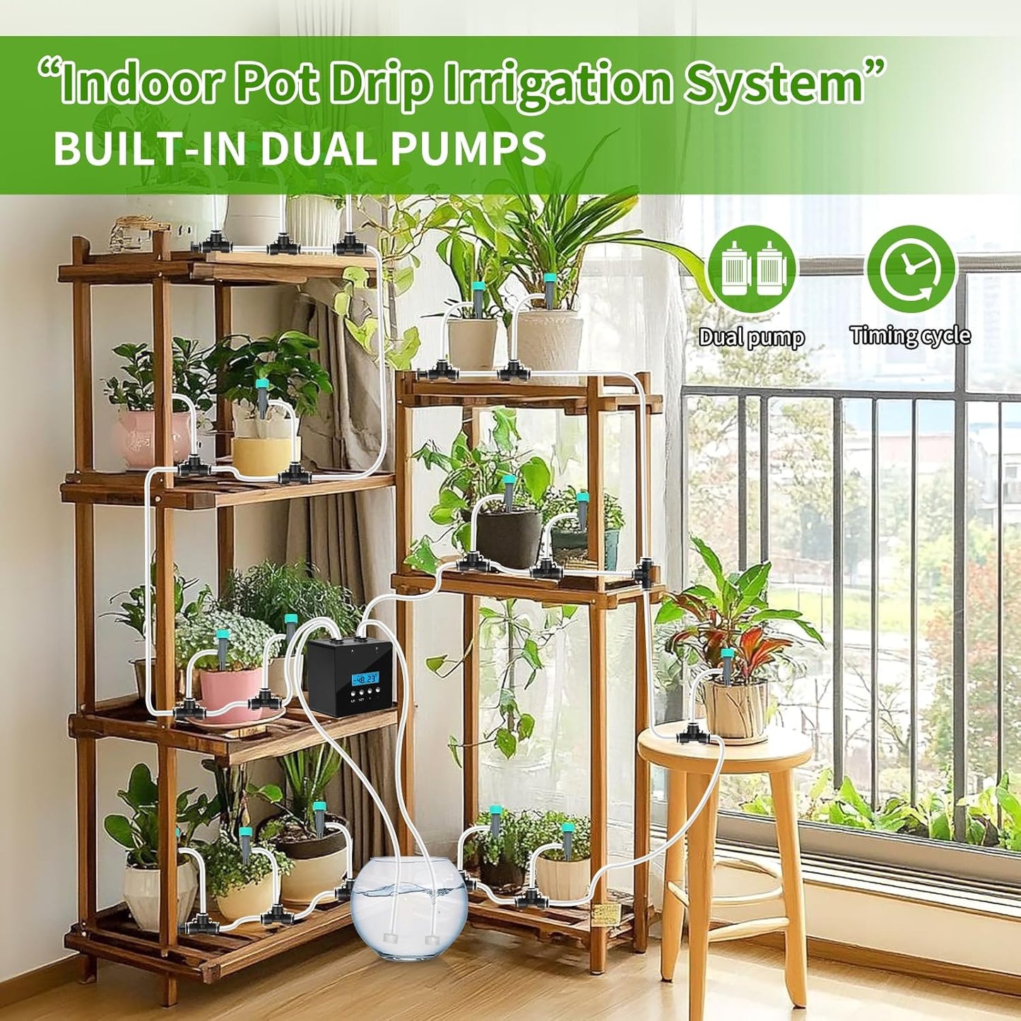 Plant Watering Devices - Dual Pump Automatic System for 20 Pots, 30-Day Smart Timer with USB-C Charging – Ideal for Indoor Gardens & Balconies