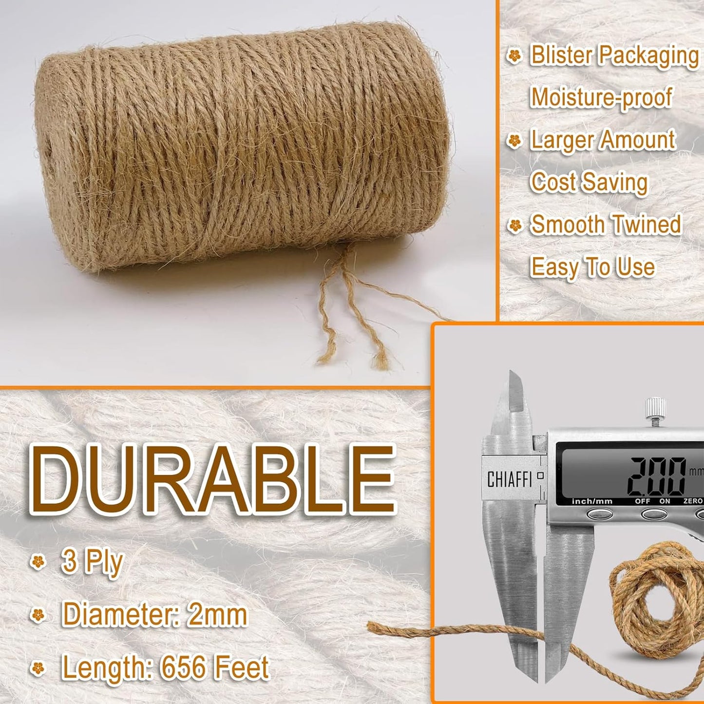 656 Feet 3Ply Jute Twine String, 2mm Natural Brown Thick Twine Rope for Crafts, Gardening, Tomato, Climbing Plant, Tie Floristry, Gift Wrapping Packing, Christmas, Wedding Decor