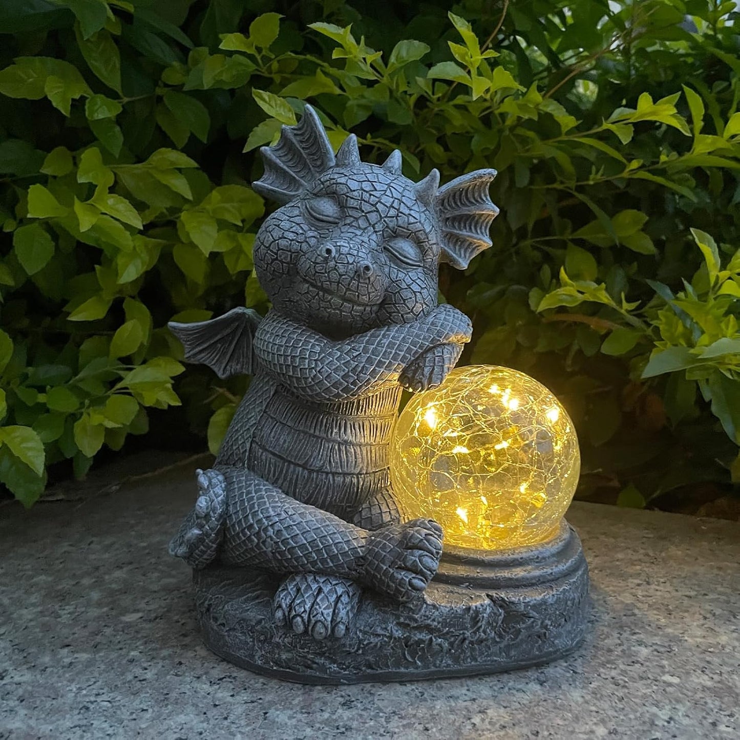 Garden Dragon Figurine Solar Powered Outdoor Cute Dragon with Hold Glowing Glass Ball Resin Sculpture for Porch Patio Lawn Farm Yard Home Decoration Gift for Women Housewarming