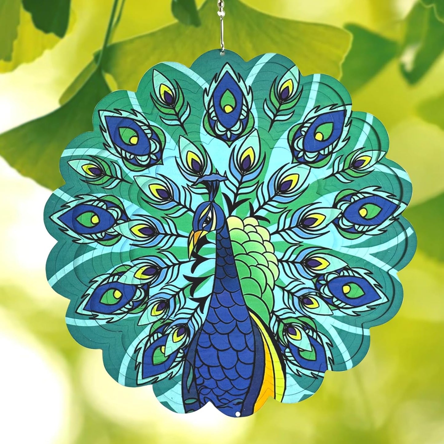 Wind Spinners Outdoor Peacock Art 12 inch 3D Stainless Steel Laser Cut Metal Art Geometric Pattern Wind Sculpture Hanging for Yard Garden Decorations Gifts Outdoor