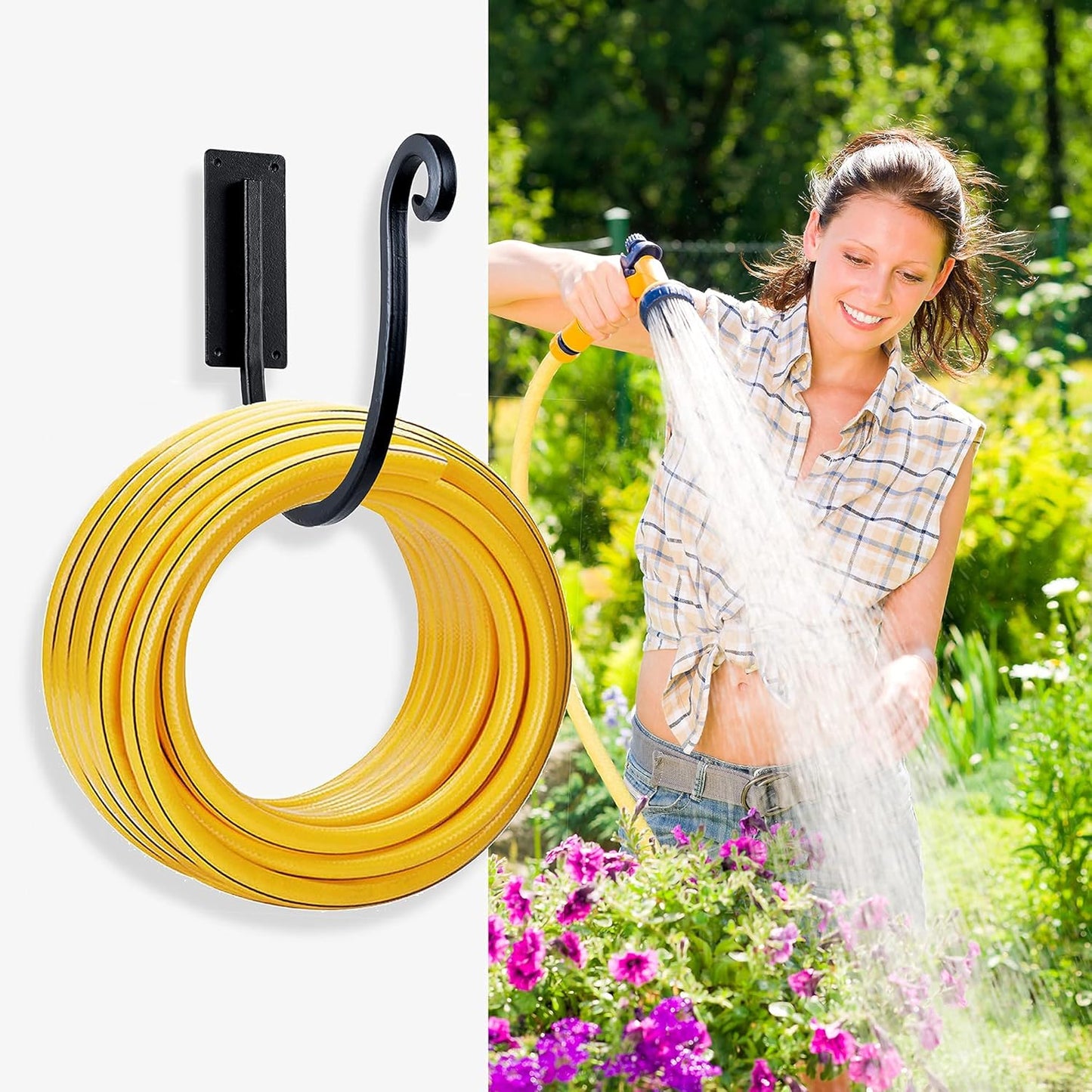 Hose Holder Wall Mount （Metal/8-Inch） Heavy-Duty Garden Hose Hanger Outdoor, Hand-Forged Hose Rack Mount