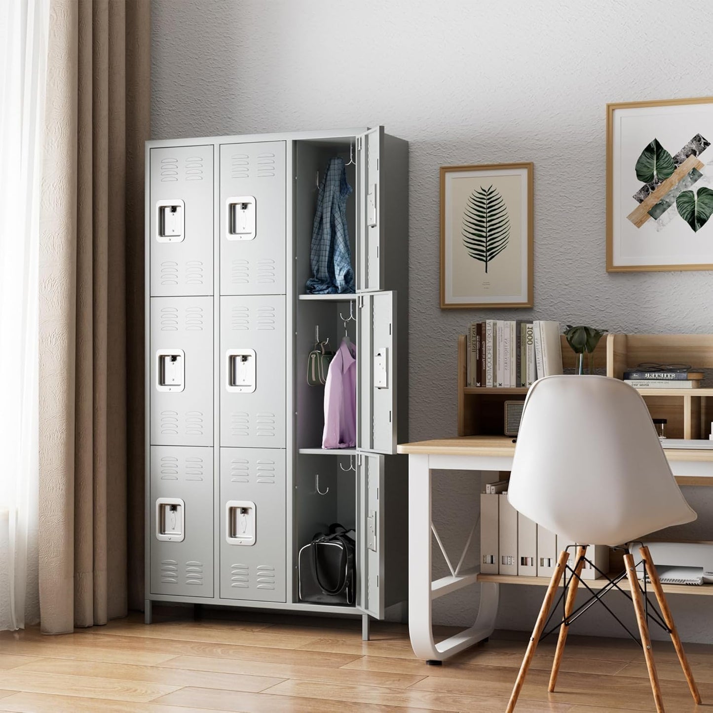 9 Doors Metal Lockers for Employees with 27 Hooks for Offices School Gyms Home,Assembly Required, Light Gray