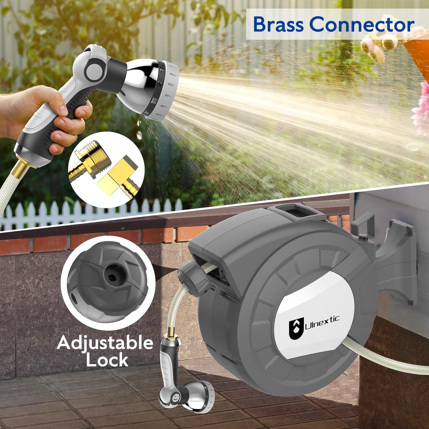 Retractable Garden Hose Reel, 5/8 in x 75 ft Wall Mounted Hose Reel,10-Pattern Spray Nozzle, Any Length Lock/Slow Return System/Wall Mounted/180°Swivel Bracket