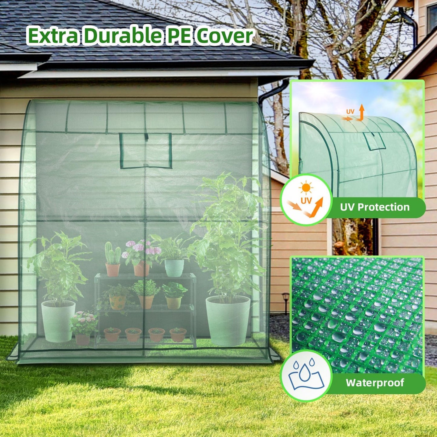 Lean-to Greenhouse with 3-Tier Shelves: Ohuhu Portable Walk-in Wall Mounted Green House with Mesh Windows, 79"x39"x83" Large Greenhouses with 2 Roll-Up Zipper Doors Reinforced Structure for Outdoors