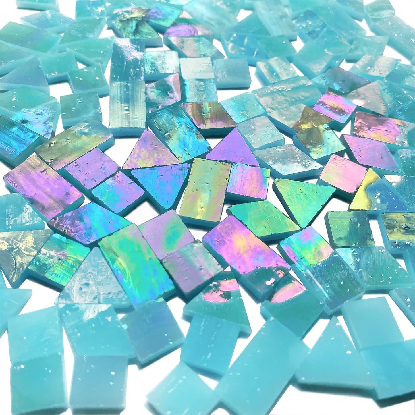 Iridescent Aqua Stained Glass Mosaic Tiles, 280 Pieces Mixed 4 Shapes Stained Glass Supplies for Mosaic Projects