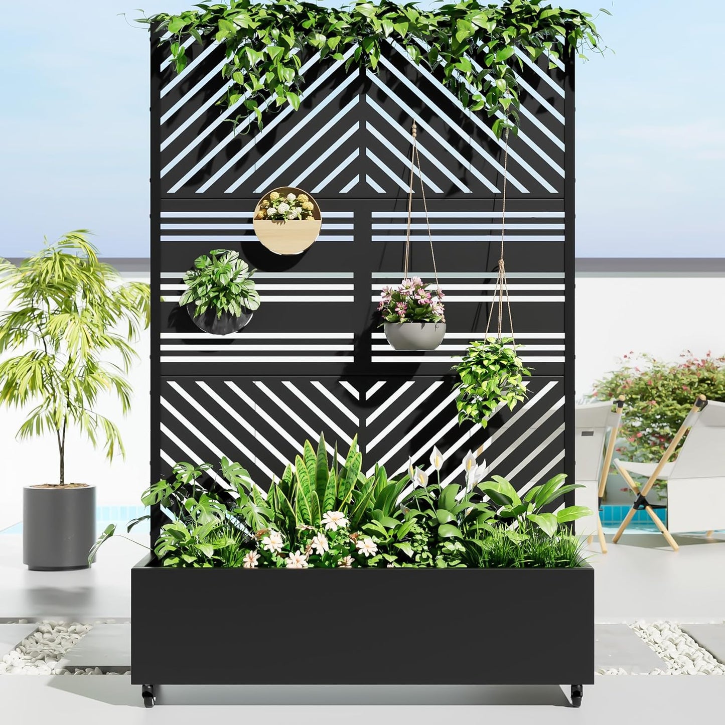 Casaphoria Metal Raised Garden Bed with Trellis and Wheels, 72"x47"x16" Planter Box for Climbing Plants, Vegetables & Vines, Features Drainage Holes and Privacy Screen, Black(Parallel&Harold)
