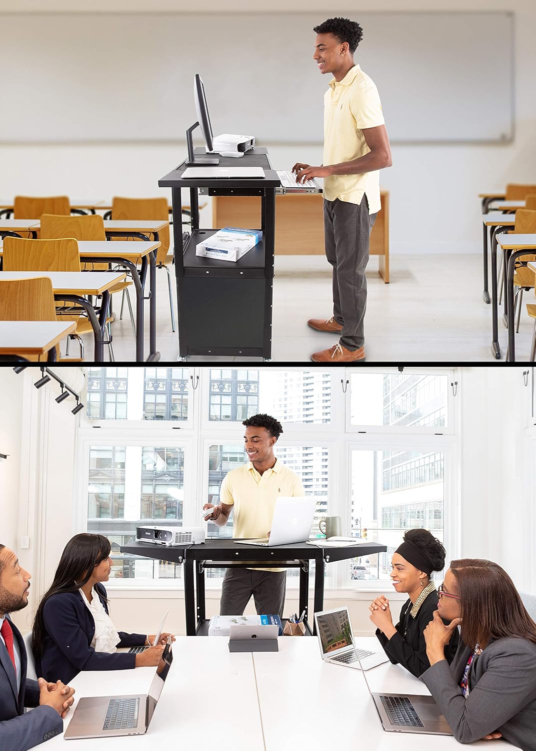 Line Leader Rolling AV Cart with Locking Cabinet, Laptop Stand, and Drop Leaves, Height Adjustable Mobile Utility Cart Workstation with Extra Storage Space, UL-Listed Power Strip (Black / 46 x 18)