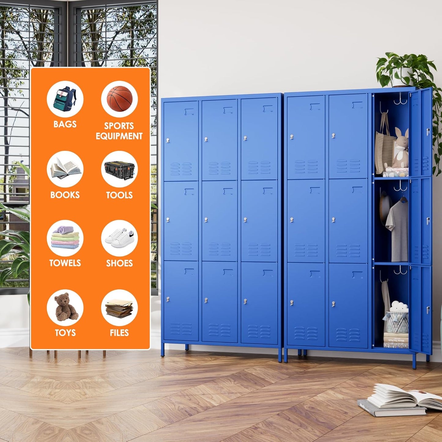 9 Doors Metal Lockers for Employees with 27 Hooks, Storage Locker with Business Card Holder for Office Gym School Bedroom, Assembly Required, Blue