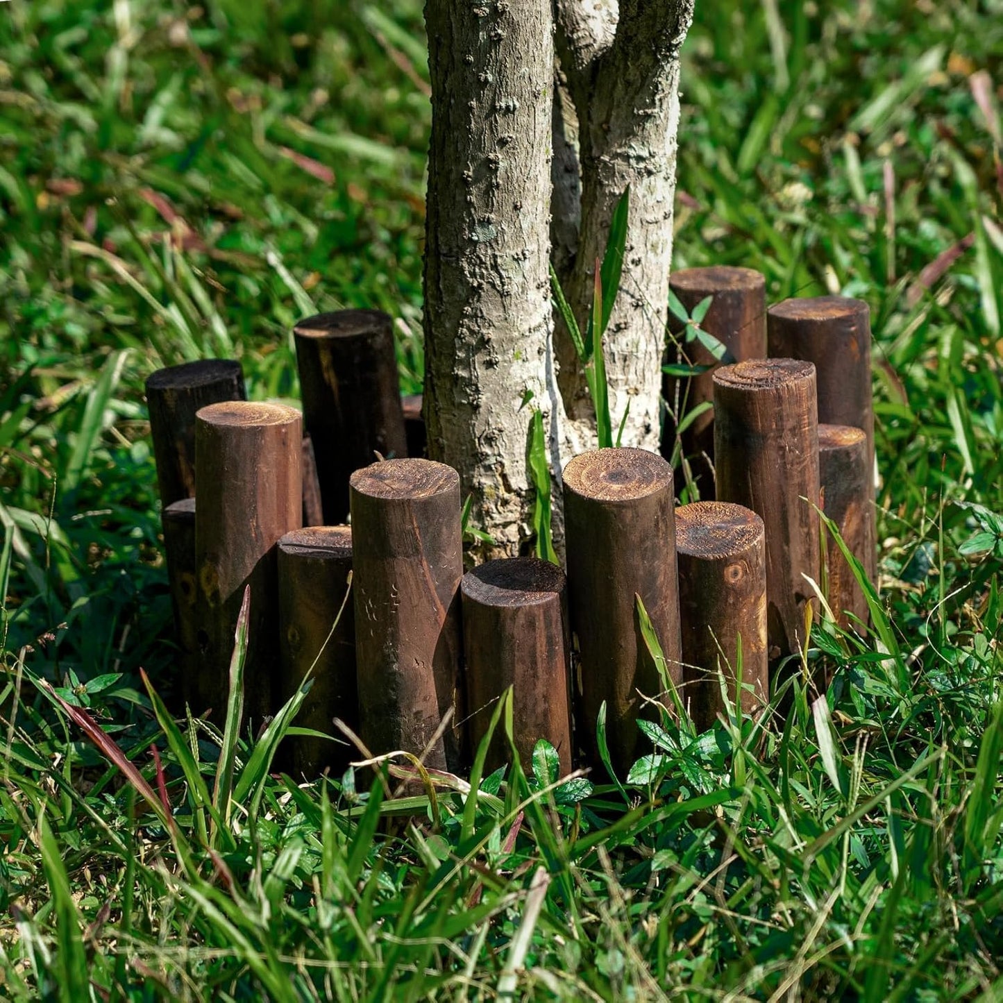 Wood Garden Edging, Natural Wooden Solid Log Fence Border Decorative for Flower Bed Barriers and Landscape Fencing, 6.9 in H x 3.0 ft L, 1.9 in Diameter (8PACK)