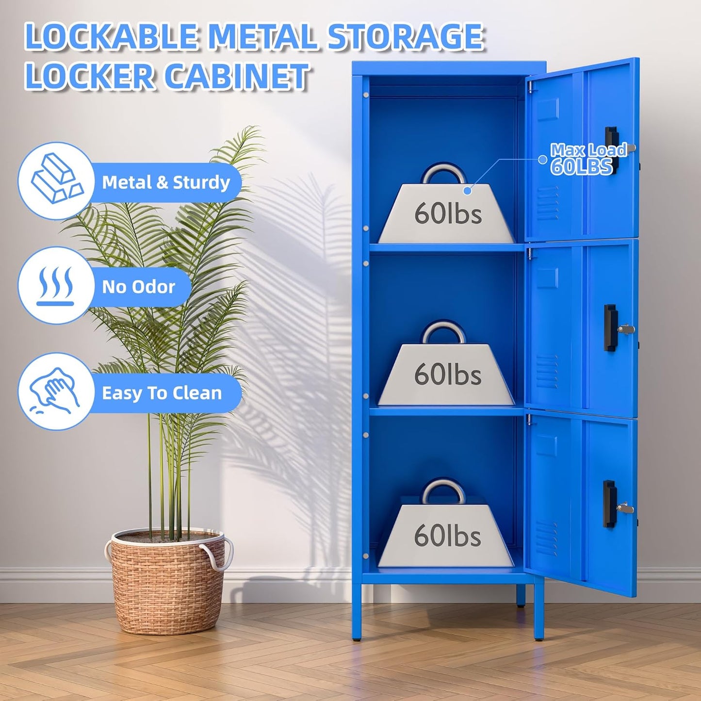 Metal Locker with Ventilation Holes, Metal Storage Cabinet with Lock and Card Slot for Home,School, Office, Garage,47.3" H x 15.8" W x 15.8" D,Assembly Required,Blue
