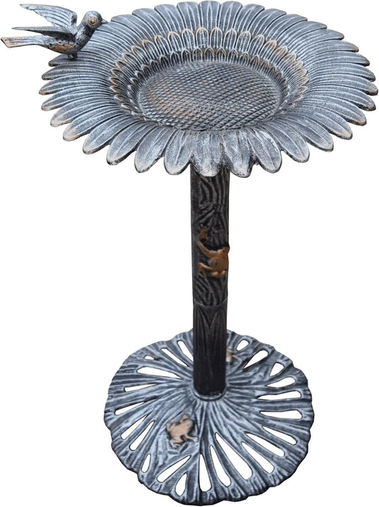 Oakland Living 5065AP Antique Pewter Sunflower Design Aluminum Birdbath, Silver