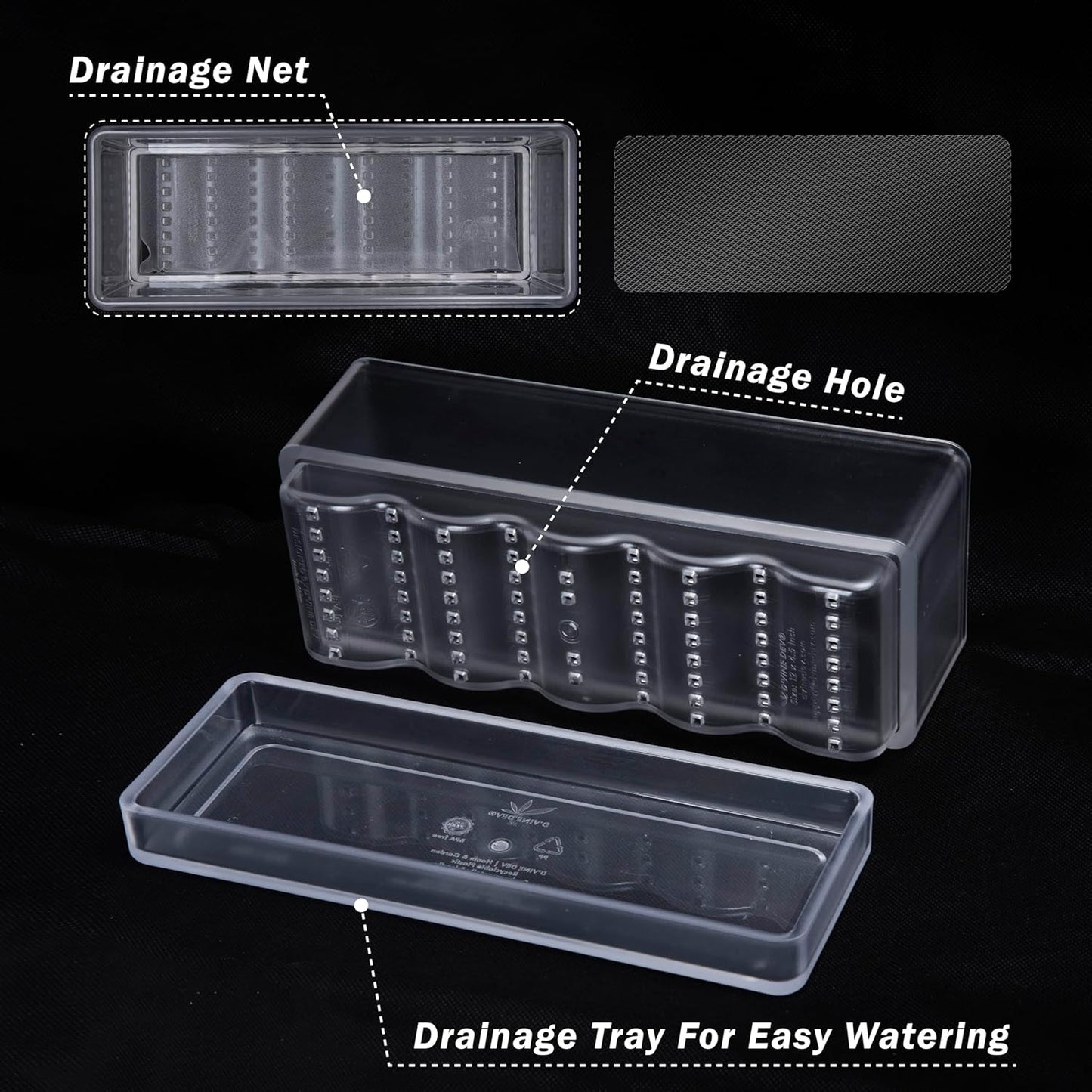 D'vine Dev 12 Inch Window Box Planter, Rectangle Plastic Herb Planter with Drainage Holes and Saucer, Indoor Succulent Cactus Vegetable Pot for Windowsill, Garden Balcony, Clear, Set of 2, 76-X-D-2