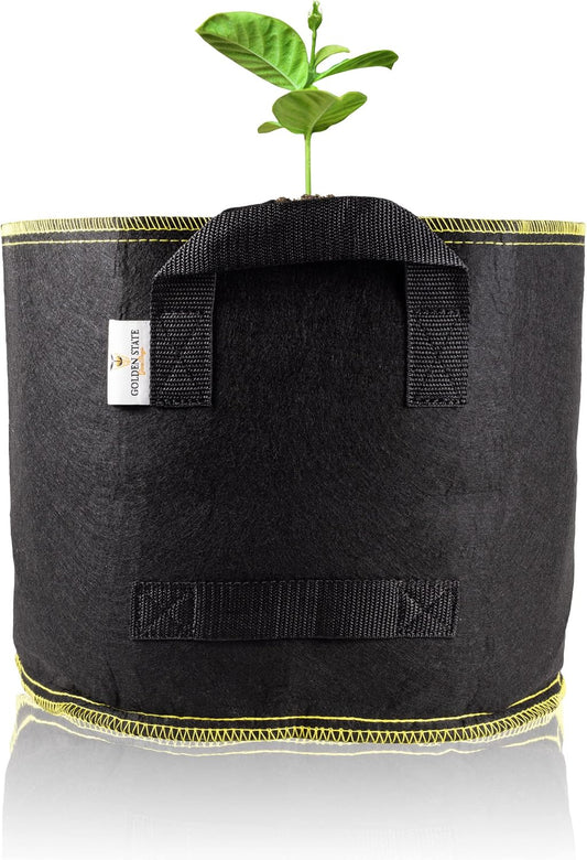Grow Bags: 5-Pack (Size: 7 Gallon): 300gsm Black Felt Fabric w/Yellow Stitch, Biodegradable and eco-Friendly Material. (Handles + Dumping Handles-pat.Pend).