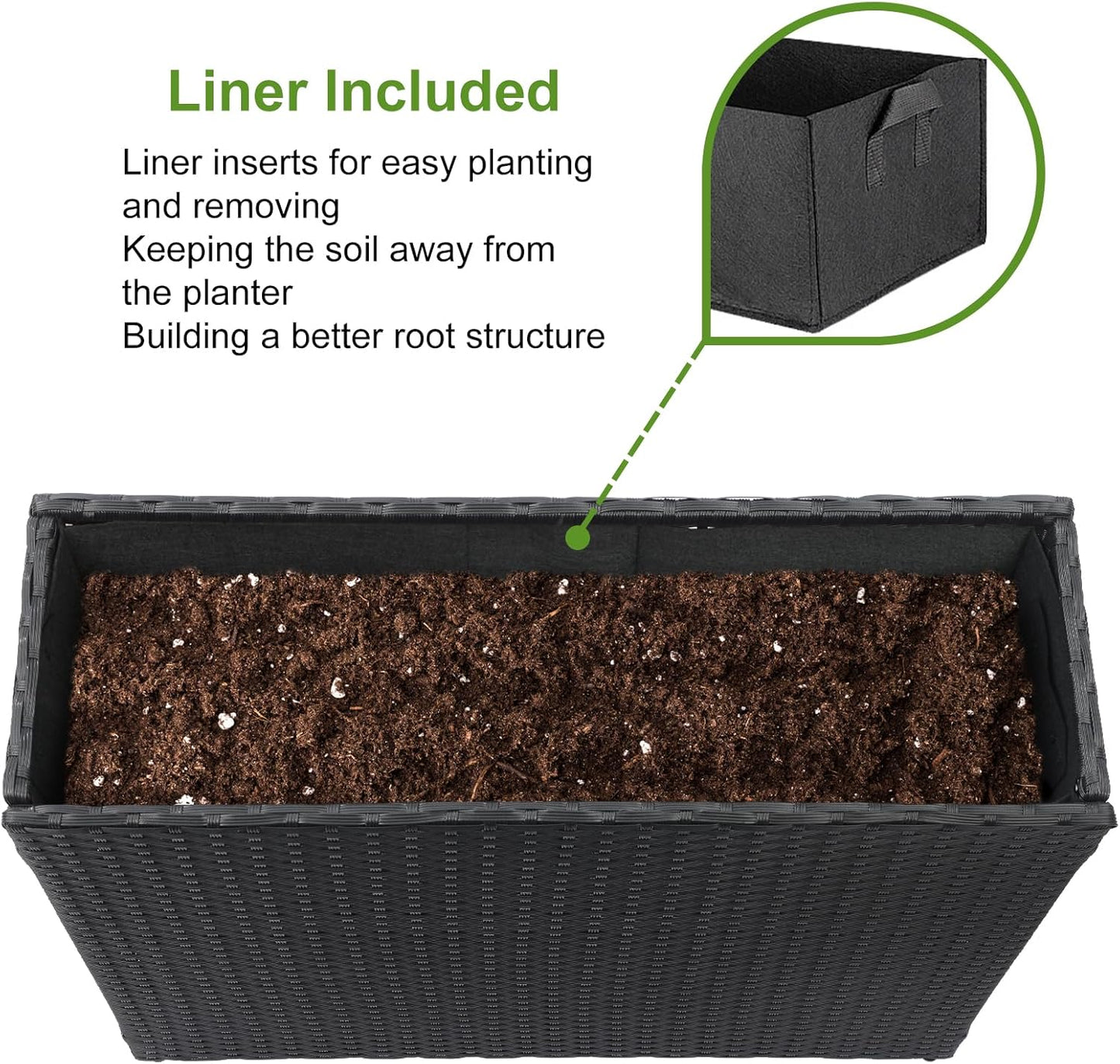 LEWIS&WAYNE Large Rectangular Block Planter Box Handmade Wicker Tall Planters for Outdoor Plants with Removable Liners Modern Planter for Indoor Outdoor Patio Deck - Black, 32''x11''x24''