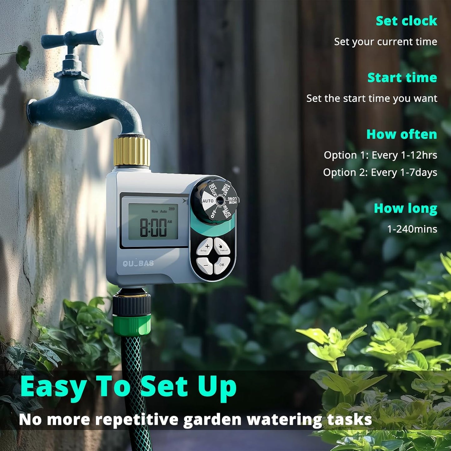 QUOBAS Sprinkler Timer, Programmable Hose Timers with Brass Inlet & Outlet, Water Timer for Garden Hose with Rain Delay/Automatic/Manual Watering System, Digital Drip Irrigation Timers for Yard, Lawn