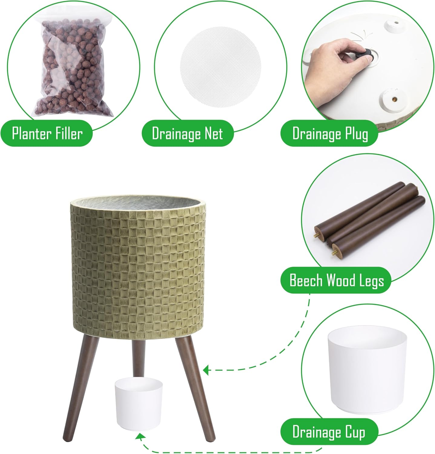 D'vine Dev 12 Inch Modern Geometric Tile Patterned Sleek Planter Pot with Stand, Indoor Outdoor Decorative Plant Holder, Distressed Olive, 88-Z-C-4