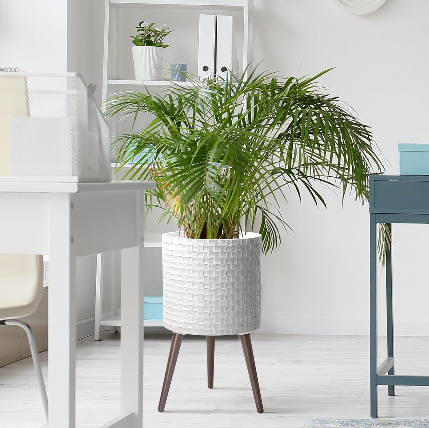 D'vine Dev 14 Inch Modern Geometric Tile Patterned Sleek Planter Pot with Stand, Indoor Outdoor Decorative Plant Holder, Matte White, 88-Z-D-1