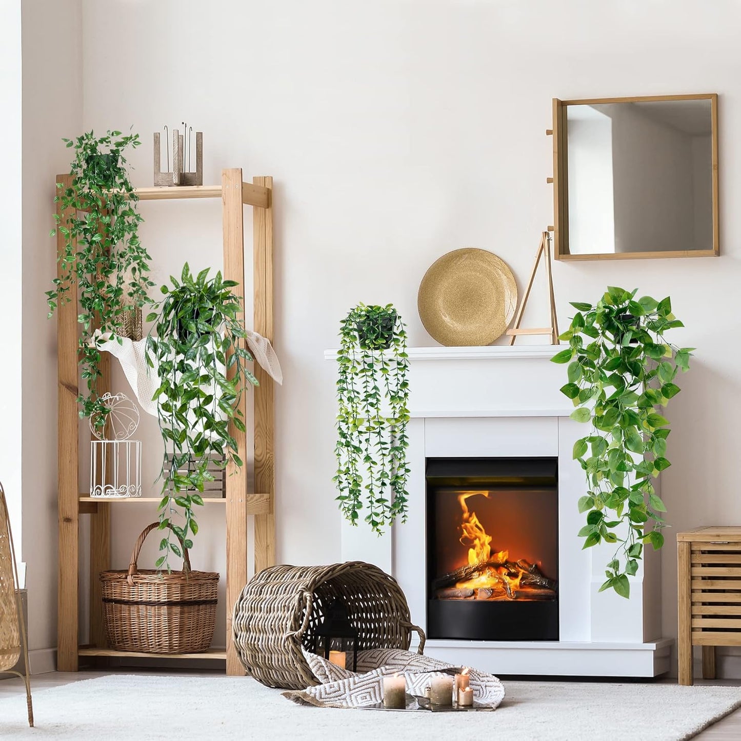 Sggvecsy Fake Hanging Plants 4 Pack Artificial Hanging Eucalyptus Plants Fake Potted Greenery Faux Eucalyptus Mandala Vine Ivy Vine Leaves Pea Pod for Home Indoor Outdoor Wall Garden Decor