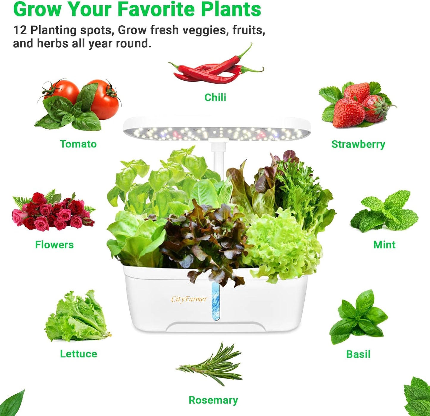 Indoor Hydroponics Growing System: Indoor Fresh Vegetable, Herb Garden Kit with LED Grow Light Quiet Smart Water Pump Automatic Timer - Planter for Home Kitchen Office (White, 12 pod)