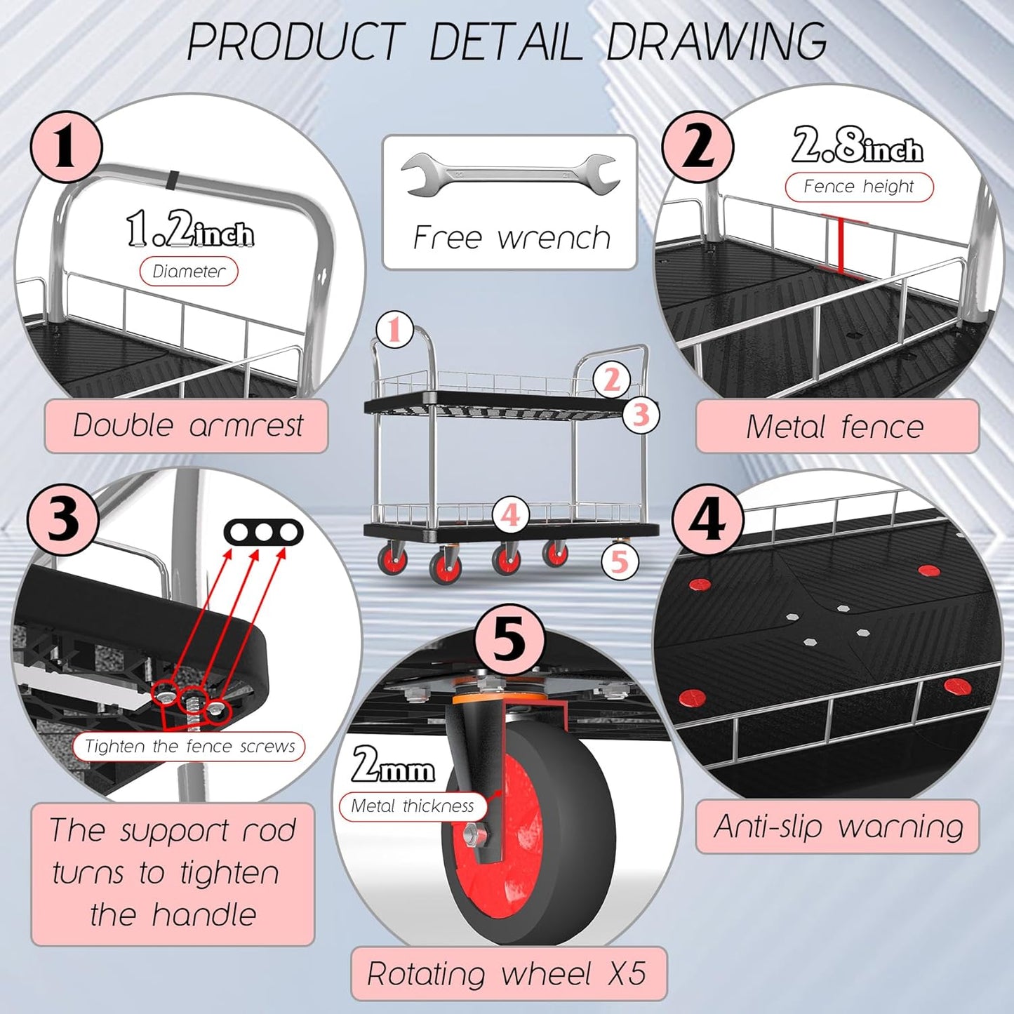 Utility Service Cart 2 Shelf - 880lbs Capacity Heavy-Duty Plastic Rolling Utility Carts with 5 of 360° Swivel Wheels and Handle, Large Service Cart for Groceries, Warehouse,Garage 43.5''x25.6''