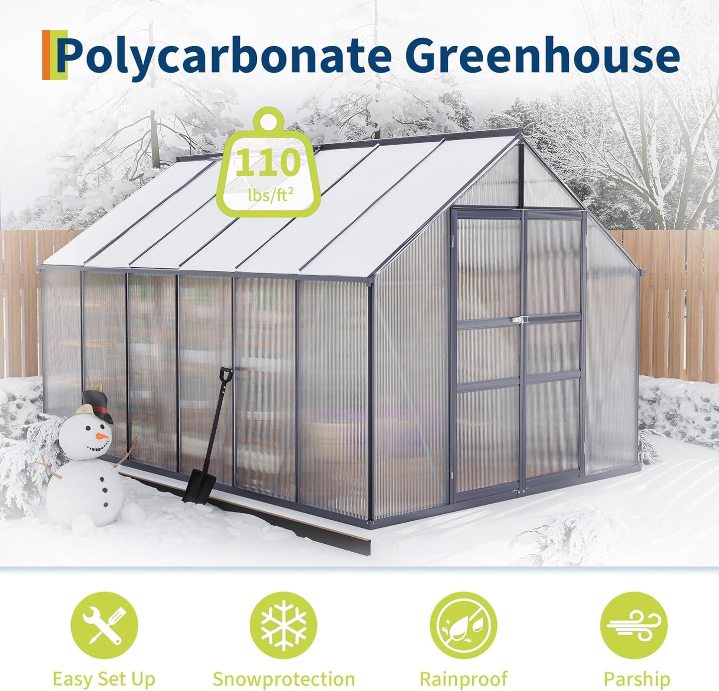 8×12FT Polycarbonate Greenhouse for Outdoors, Large Walk in Green House Kit and Winter Garden Planting, Enhanced Aluminum Green Houses for Outside to Protect Vegetables or Plants