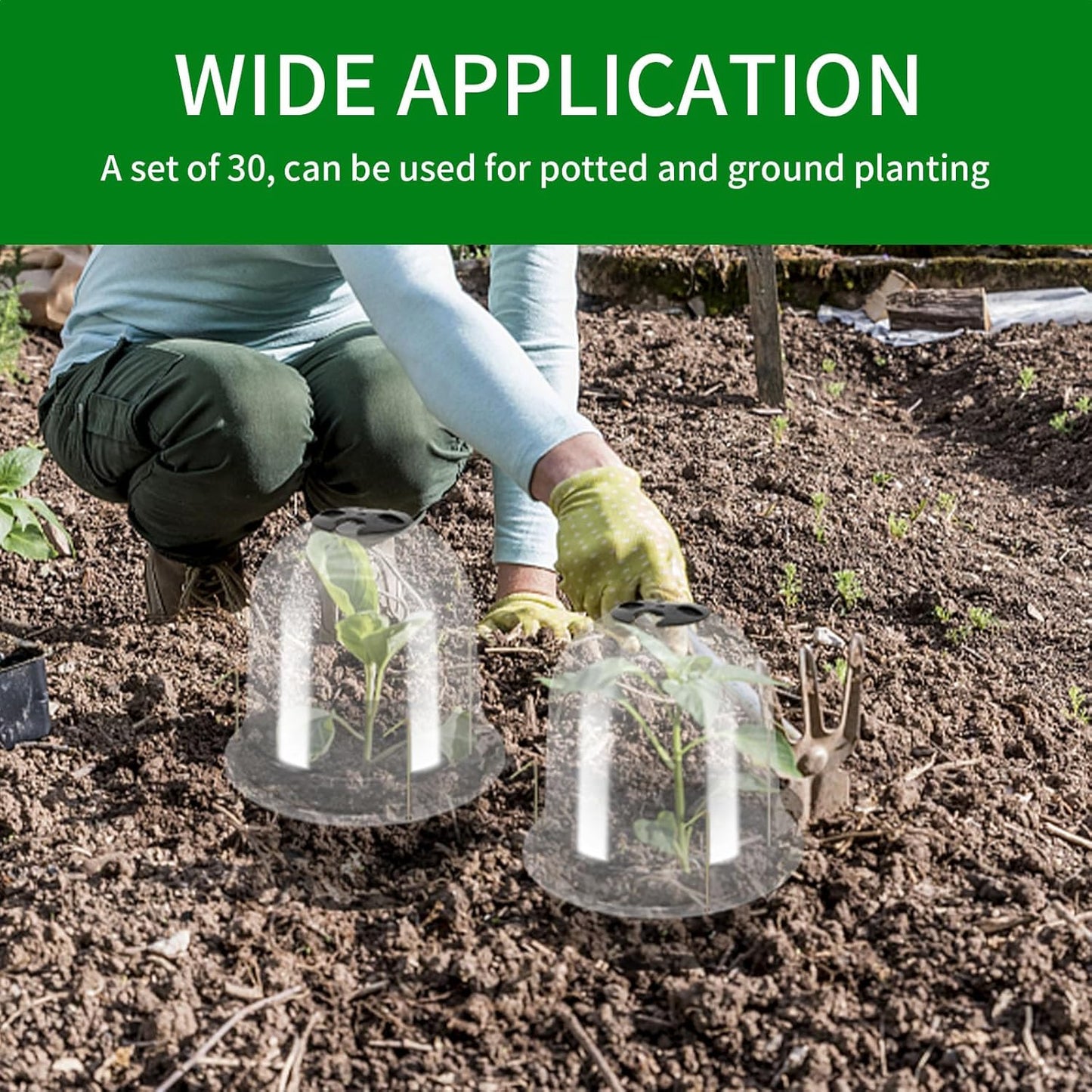 30Pcs Plant Protector Cover Round Plastic Garden Cloche Dome Plant Cover Mini Greenhouse, Garden Cloche Dome Plant Bell Cover for Outdoors Plants (7.7" Dia x 6.7" H with 90 Securing Pegs)