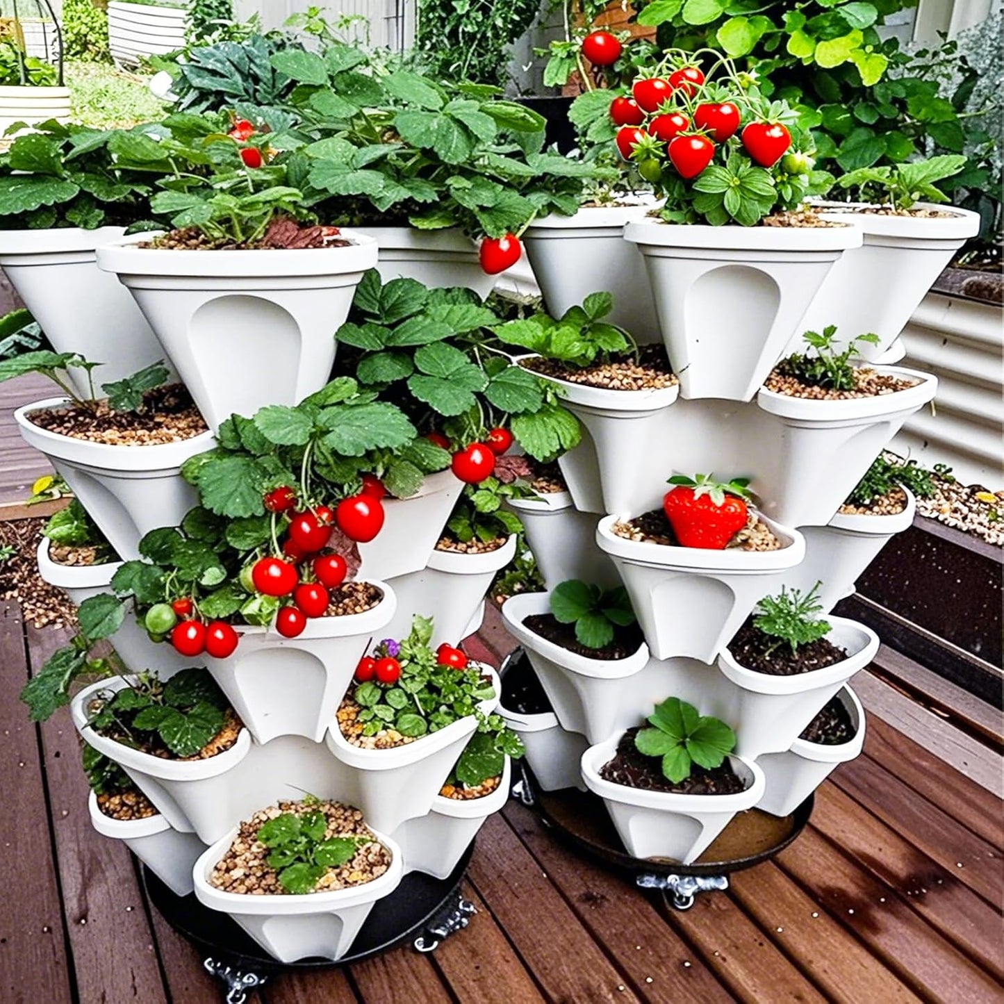 7 Tiered Strawberry Planters 2 Pack, Vertical Stackable Planter, Herb Stacking Tower Garden, Flower and Vegetable Planters with Support Pole Indoor and Outdoor with Removable Wheels - White