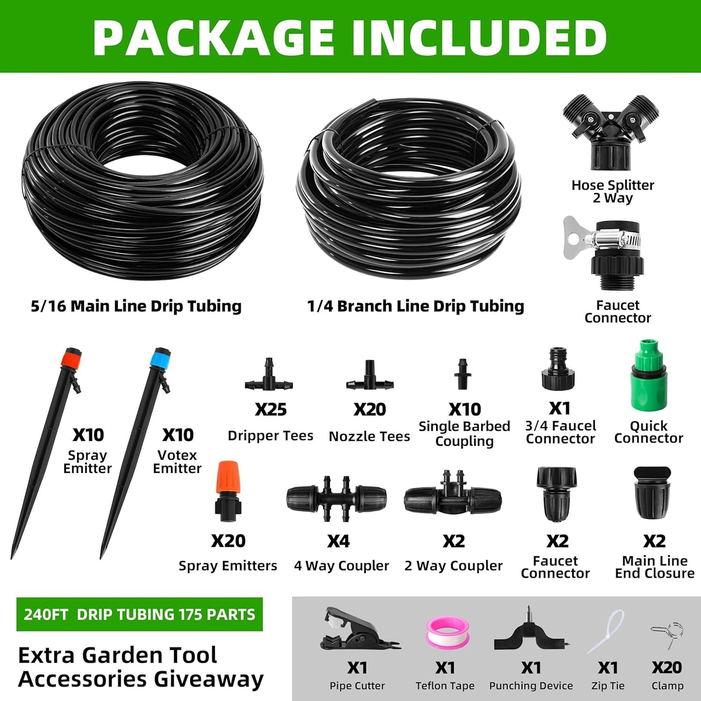 240FT DIY Automatic Drip Irrigation System Kits for Garden Plant Watering Misting System for Greenhouse Patio Lawn with Adjustable Drip Emitters 5/16" and 1/4" Irrigation Tubing Connectors Fittings
