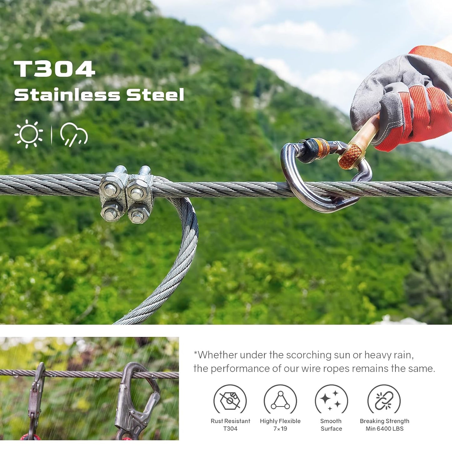 NEREUS 1/4" Stainless Steel Cable 400FT, 7x19 Strand Heavy-Duty Wire Rope, 6400 lbs Breaking Strength for Backyard Zipline, Deck Railing, Clotheslines and Outdoor Use