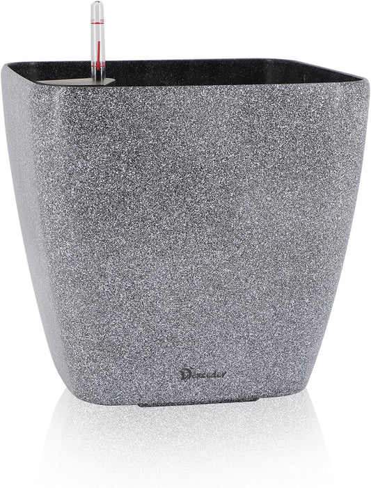 Dexceder 18x17 Self Watering Planter with Wheels Indoor Outdoor, Inner Mat Design, Thickened Large Floor Standing Flower Plant Pot with Water Level Indicator (Stone Matte)