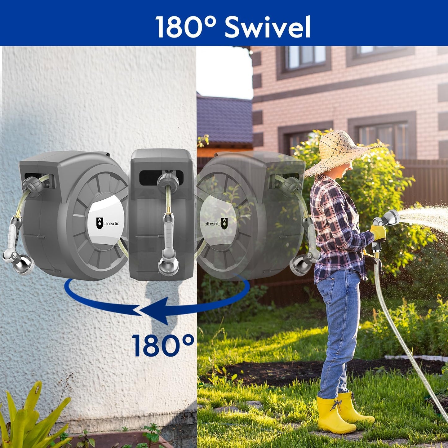 Retractable Garden Hose Reel, 1/2 in x 125 ft Wall Mounted Hose Reel, 10-Pattern Spray Nozzle, Any Length Lock/Slow Return System/Wall Mounted/180°Swivel Bracket
