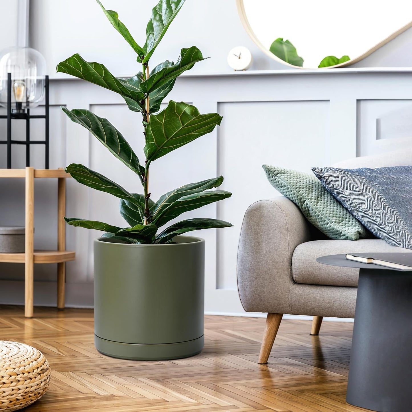 D'vine Dev 12 Inch Ceramic Planter Pot with Drainage Hole and Saucer, Indoor Cylinder Round Planter Pot, Olive, 94-O-F-J