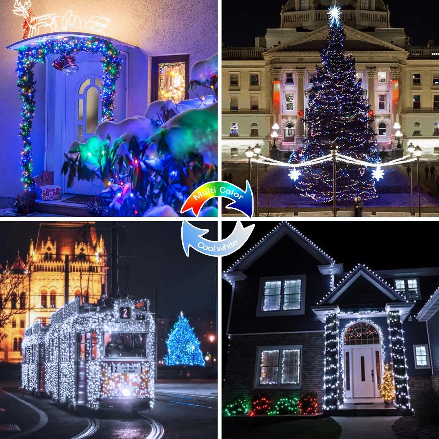 (Cool White ⇋ Multicolor) Solar Christmas String Lights Outdoor, 2-Pack 80FT 200 LED Waterproof Silver Wire, Solar Twinkle Lights with 8 Modes Solar Fairy Light for Tree Garden Wedding Christmas Decor