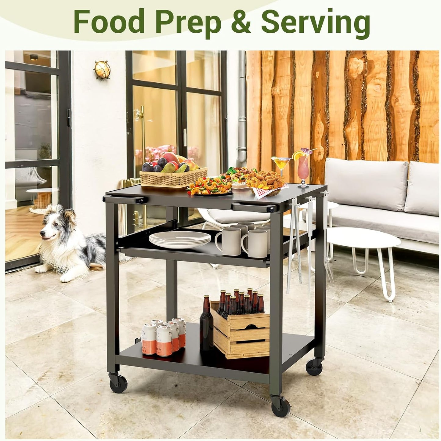 NUUK Outdoor Grill Prep Table 24"x30" Metal Grill Cart Outside 3-Layer Pizza Oven Table Movable with Universal Wheels for BBQ Backyard Patio