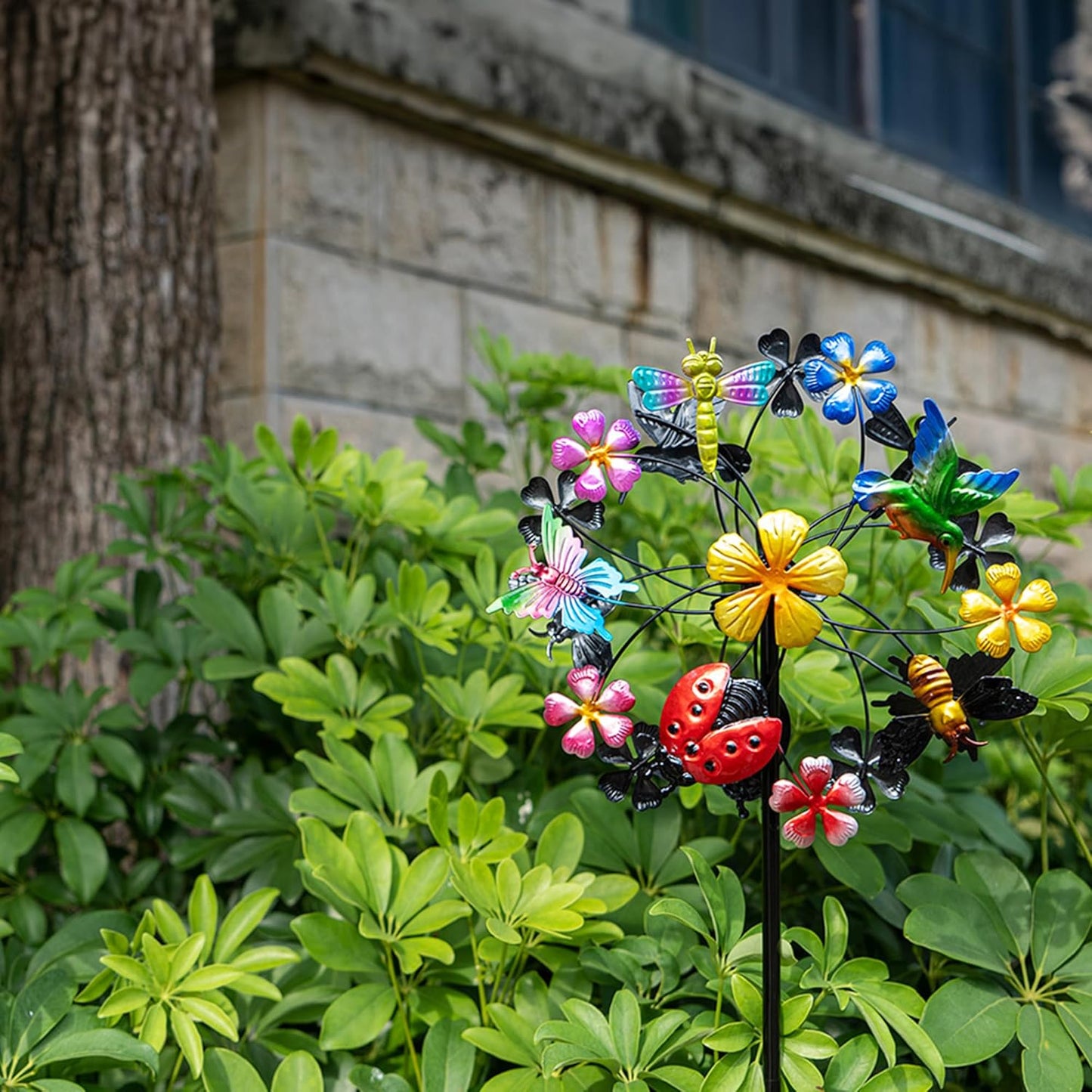 Flower Wind Spinners Outdoor, Metal Windmill with Hummingbirds, Butterflies and Bees, Pinwheels for Yard and Garden