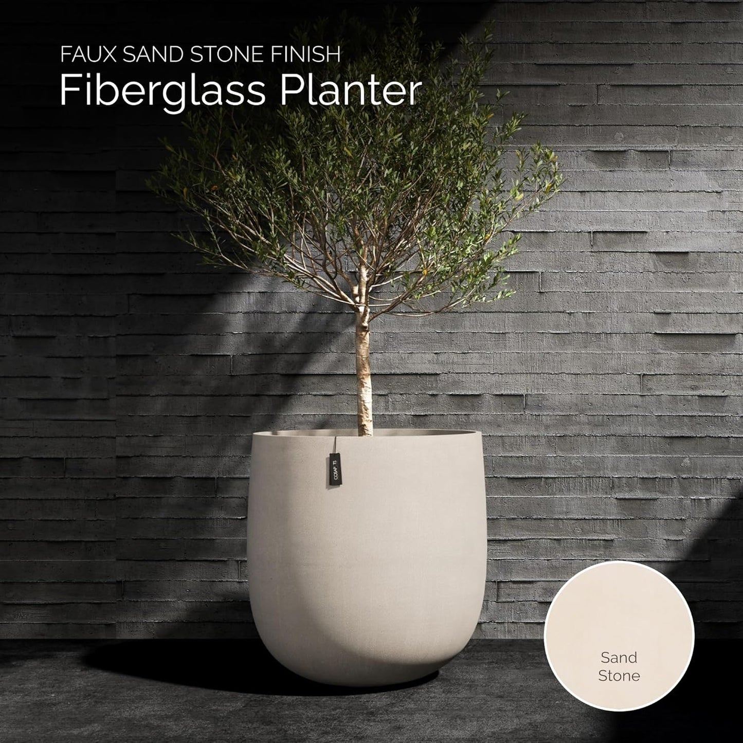 Mondo Large Planter – Sand Stone Finish – Fiberglass Indoor/Outdoor and Weather-Resistant Round Planter (26" D x 24" H Exterior, 24.6" D x 24" H Interior)